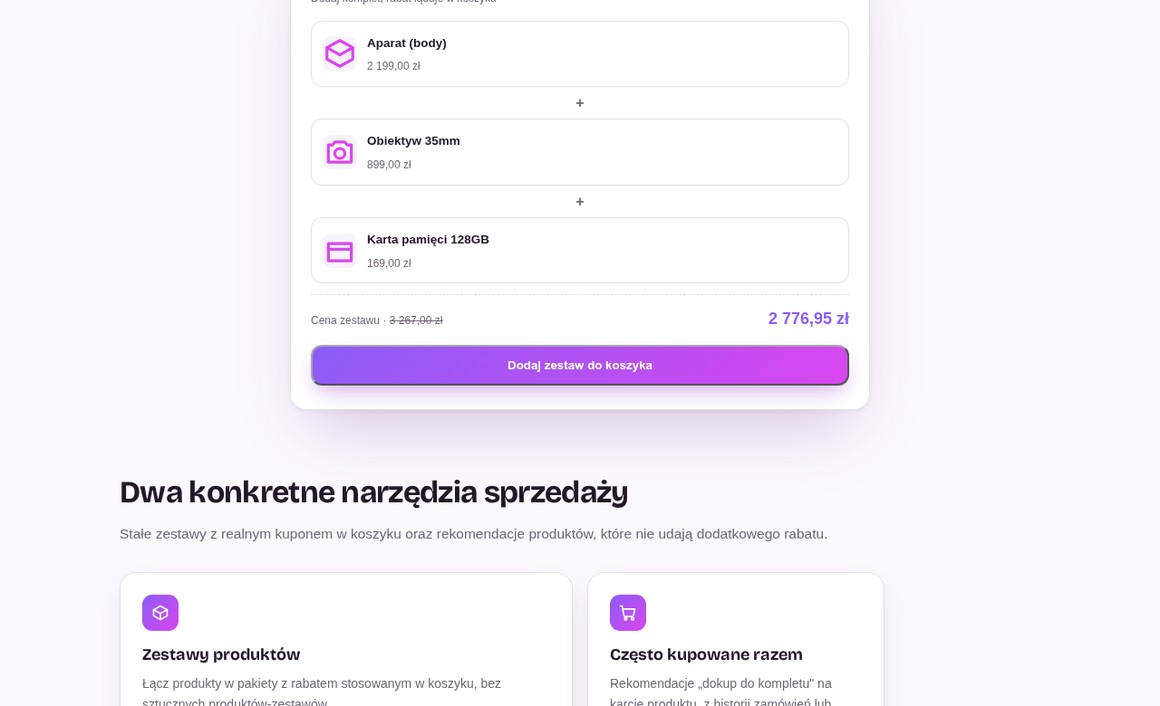 Widget zestawu GrowBundle — aparat, obiektyw, karta z rabatem w koszyku