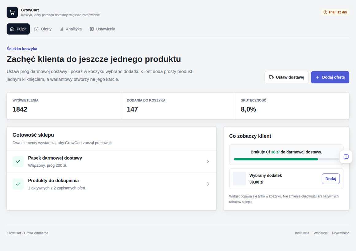 Pulpit GrowCart — próg darmowej dostawy i oferty dodatków