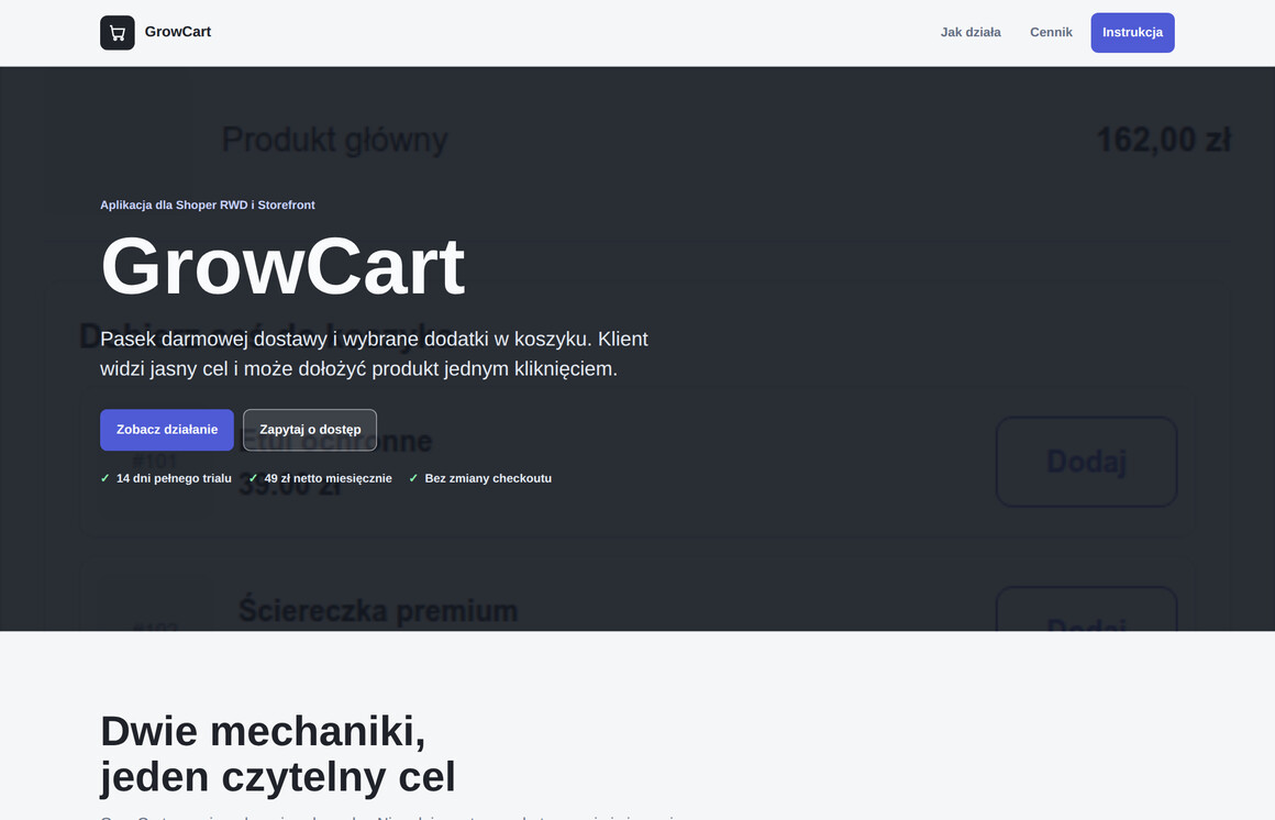 GrowCart — pasek darmowej dostawy i dodatki w koszyku Shoper przed Black Friday
