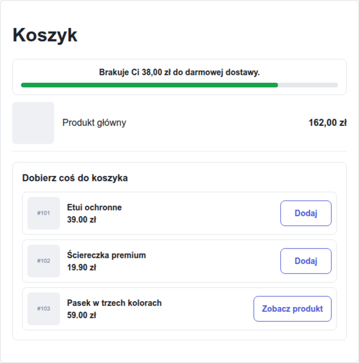 Widget GrowCart w koszyku — brakuje do darmowej dostawy i przycisk Dodaj