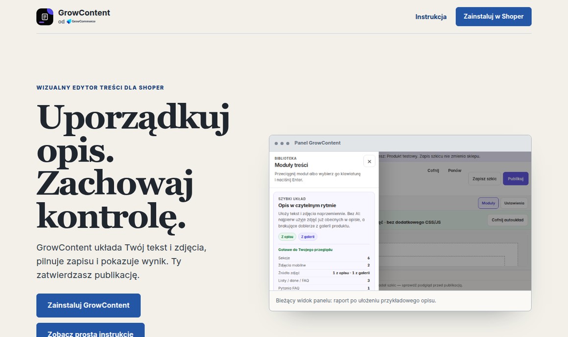GrowContent — wizualny edytor treści dla sklepu Shoper