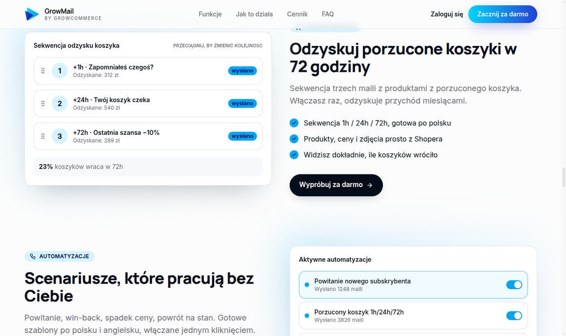 GrowMail — sekwencja odzysku porzuconego koszyka 1h/24h/72h