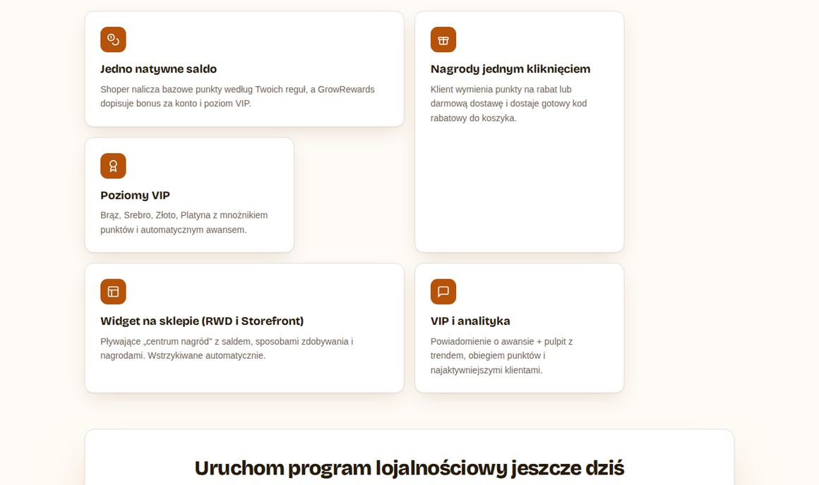 GrowRewards — funkcje: saldo, VIP, widget, nagrody, analityka