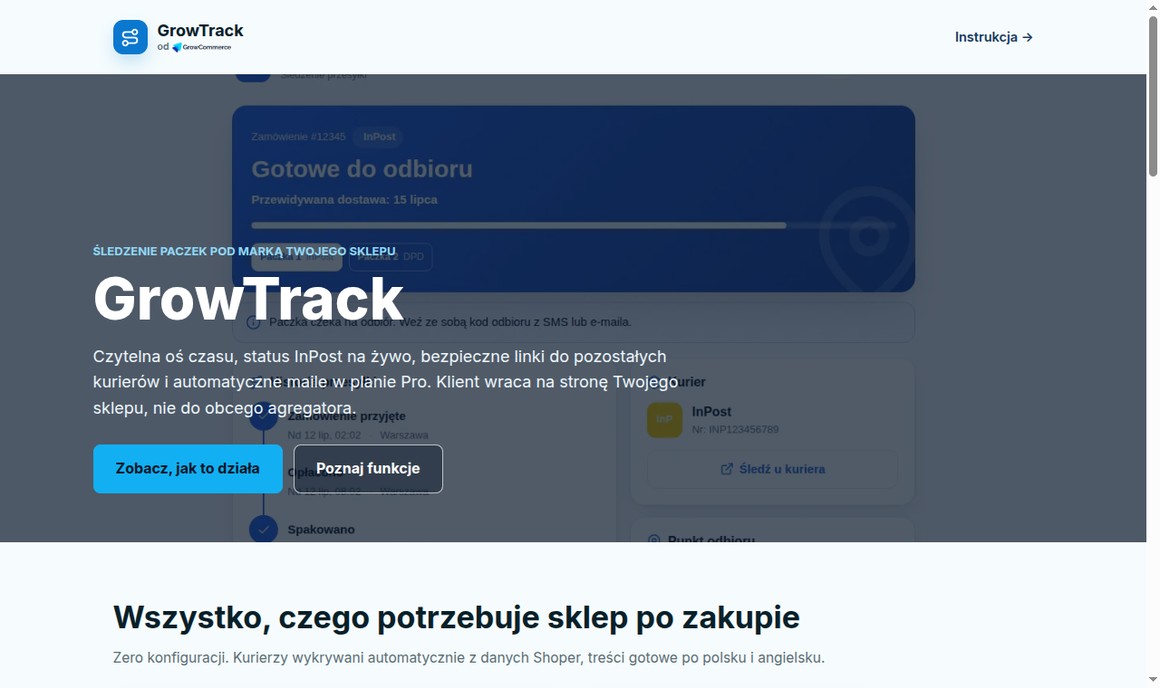 GrowTrack — markowa strona śledzenia paczek dla sklepu Shoper