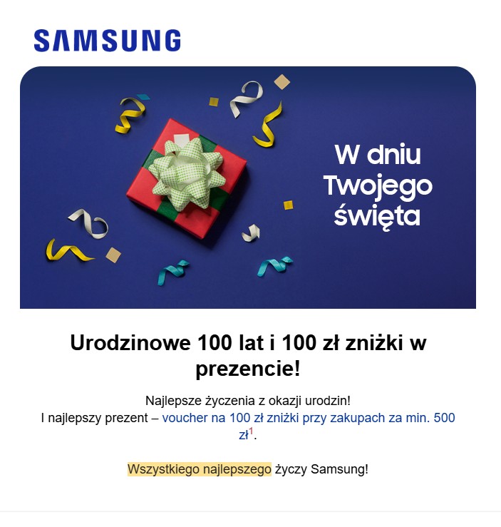 Przykład wiadomości urodzinowej z voucherem (materiał Shoper Learn)