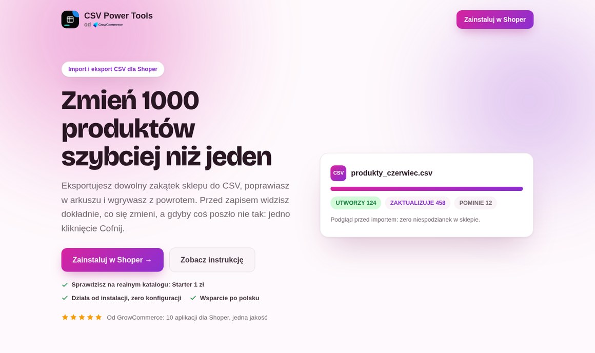 CSV Power Tools dla Shopera: landing aplikacji z podglądem importu pliku CSV
