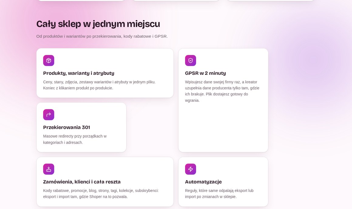 CSV Power Tools: karty zakresu aplikacji, produkty i warianty, GPSR, przekierowania 301, zamówienia i automatyzacje