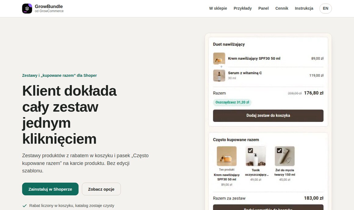 GrowBundle: zestaw produktów z rabatem i pasek często kupowane razem na karcie produktu Shoper