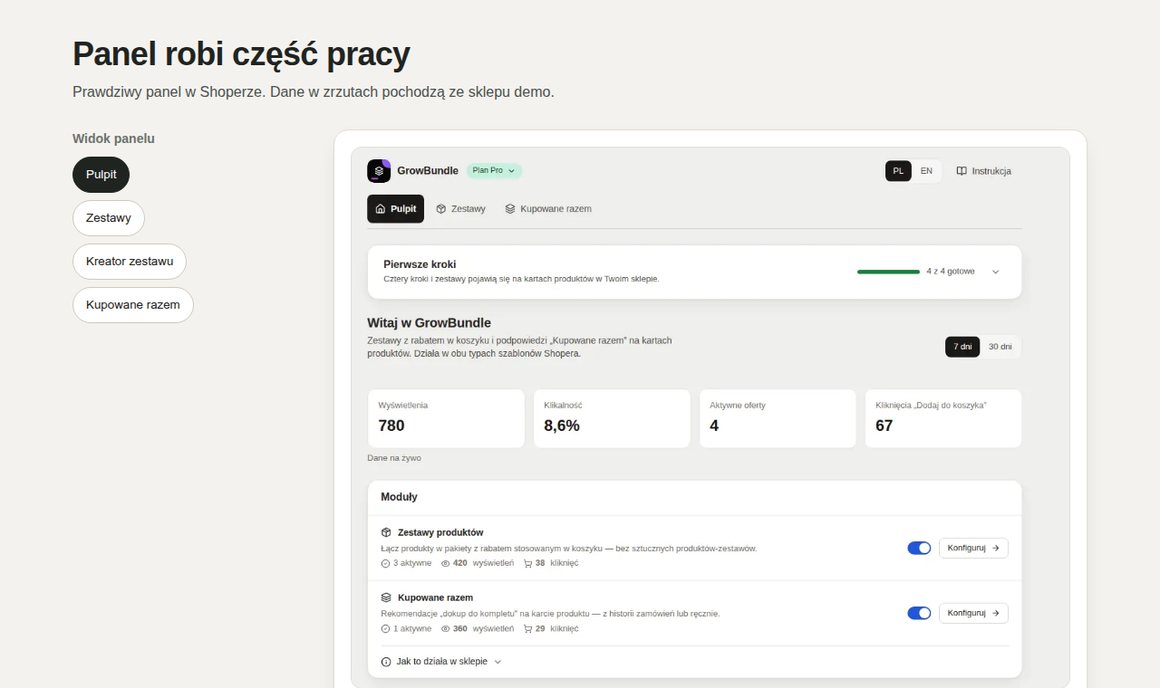 GrowBundle: panel aplikacji w Shoperze — pulpit, zestawy i kreator