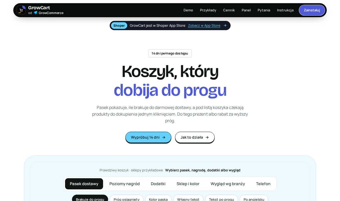 GrowCart — pasek progu darmowej dostawy i dodatki w koszyku sklepu Shoper