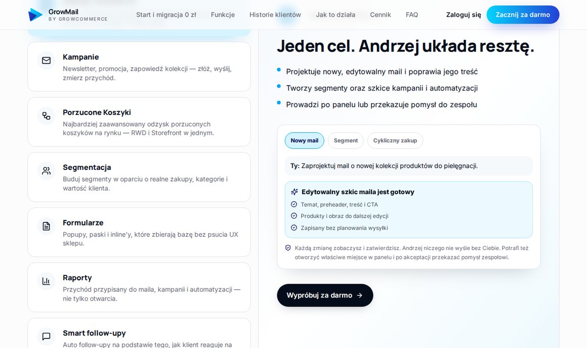GrowMail — asystent Andrzej przygotowuje szkic maila, segment i automatyzację
