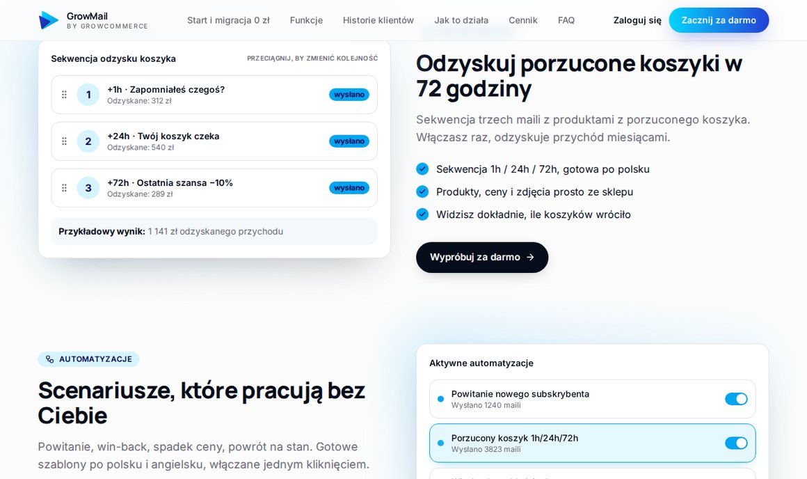 GrowMail — sekwencja odzysku porzuconego koszyka 1h, 24h i 72h w sklepie Shoper