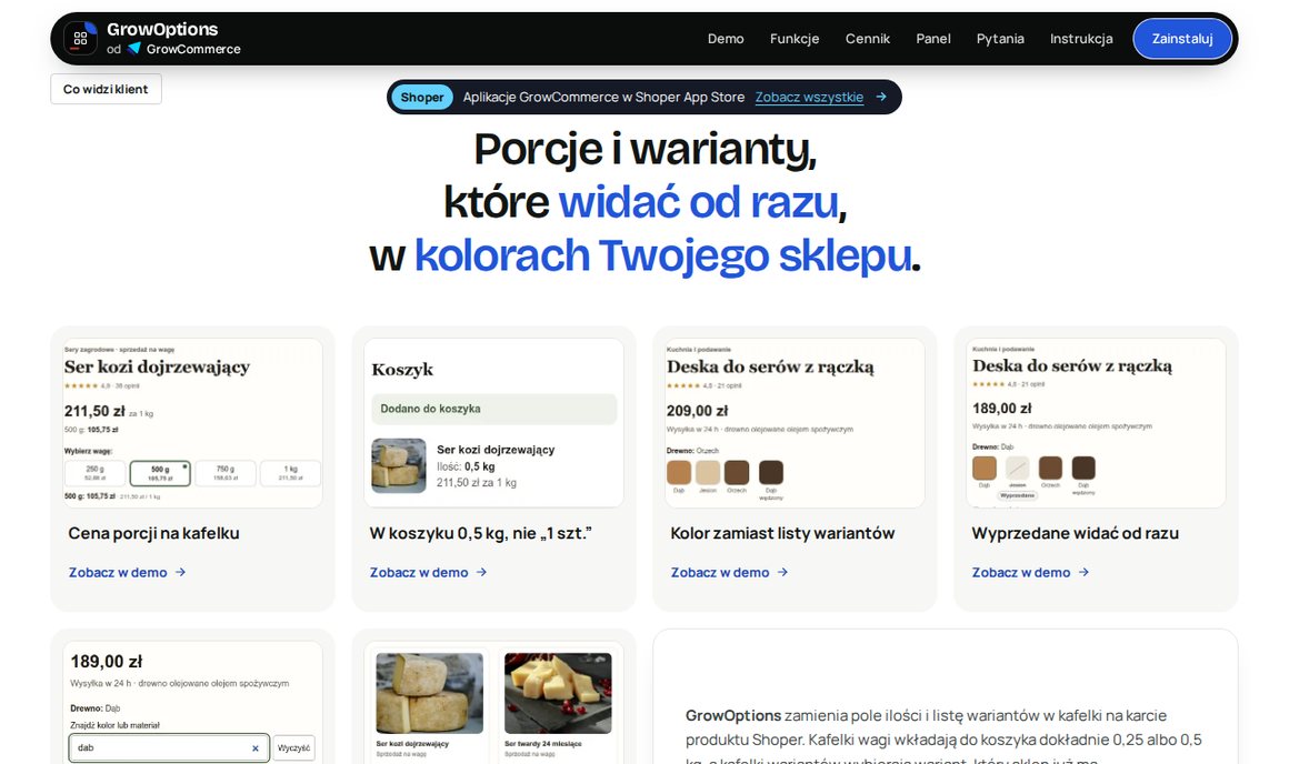 GrowOptions: cena porcji, koszyk 0,5 kg, kolor zamiast listy i wyprzedane warianty