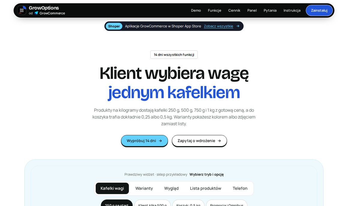 GrowOptions — kafelki wagi i wariantów na karcie produktu w sklepie Shoper