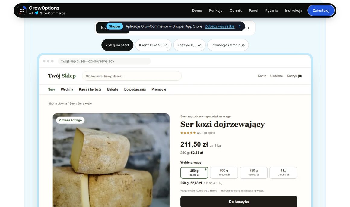 GrowOptions: kafelki 250 g, 500 g, 750 g i 1 kg z ceną porcji na karcie produktu