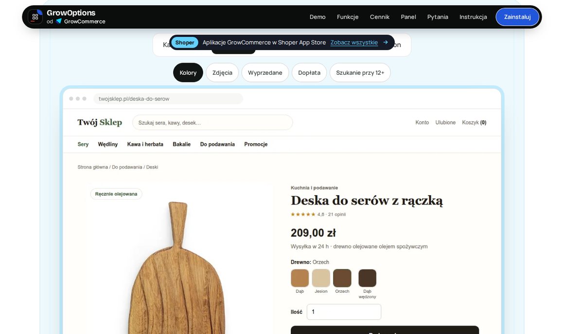 GrowOptions: kafelki wariantów z kolorem wykończenia zamiast listy rozwijanej