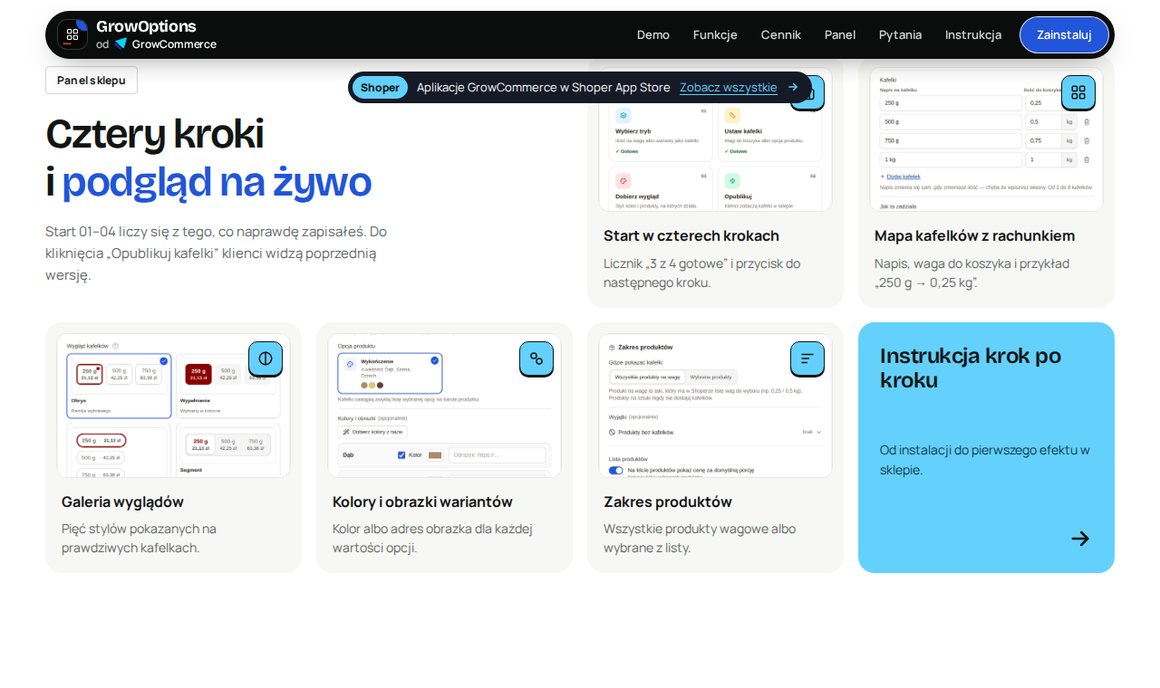 Panel GrowOptions: start w czterech krokach, mapa kafelków, galeria wyglądów i kolory wariantów