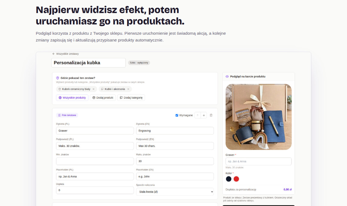 Kreator GrowPersonalize — zestaw z podglądem na karcie produktu