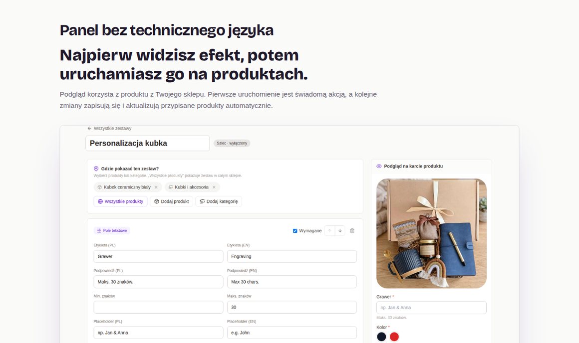 Panel GrowPersonalize: podgląd personalizacji na produkcie ze sklepu