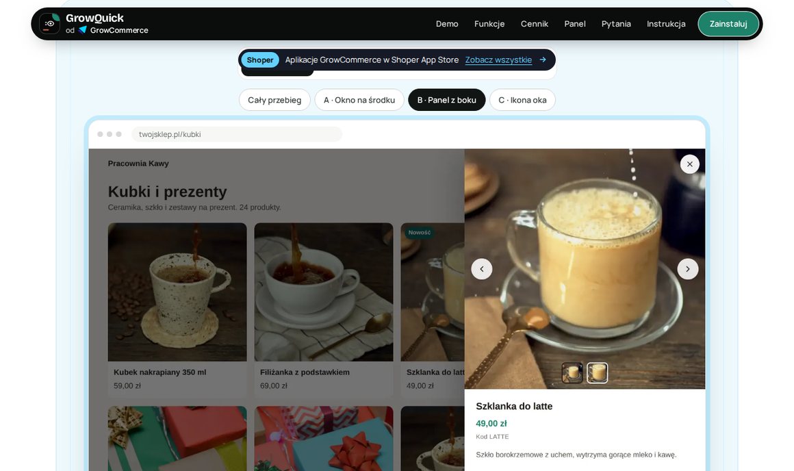 GrowQuick — układ B: panel z boku obok listy produktów