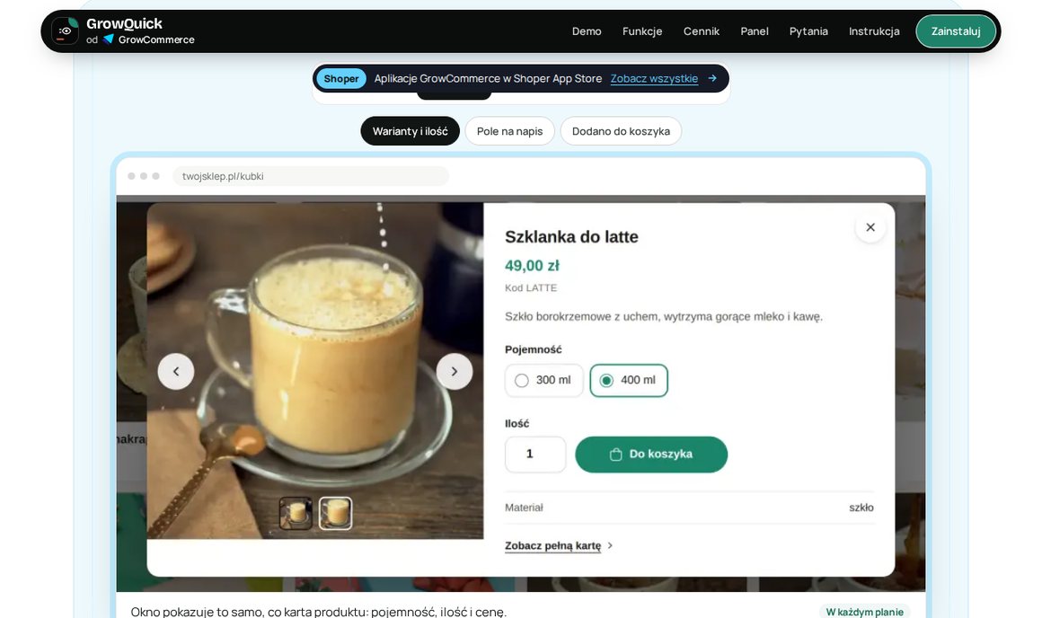 GrowQuick — wybór wariantu i ilości w oknie szybkiego podglądu