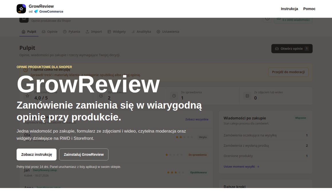 GrowReview — opinie produktowe dla Shoper: strona aplikacji z panelem opinii w tle