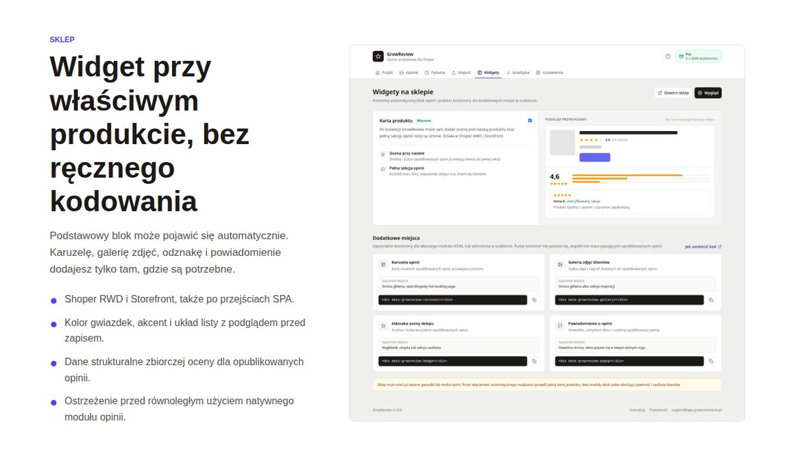 Widgety GrowReview na karcie produktu w Shoper RWD i Storefront