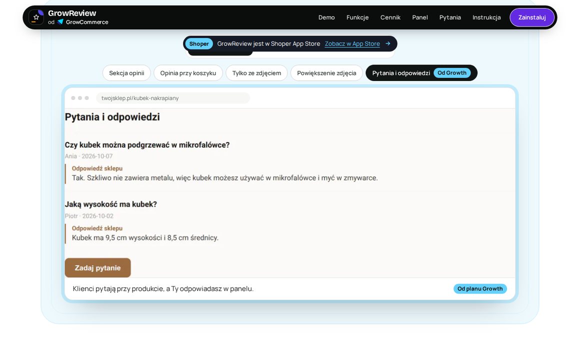 GrowReview — pytania i odpowiedzi na karcie produktu w sklepie Shoper