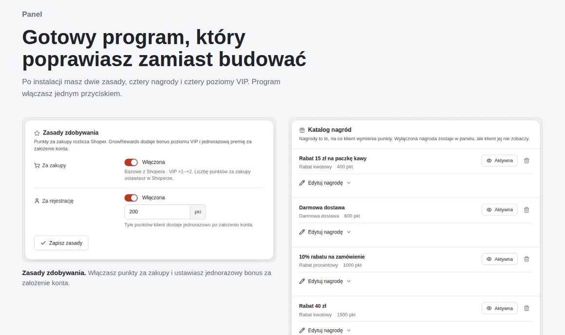 GrowRewards: panel — zasady zdobywania, katalog nagród, poziomy VIP