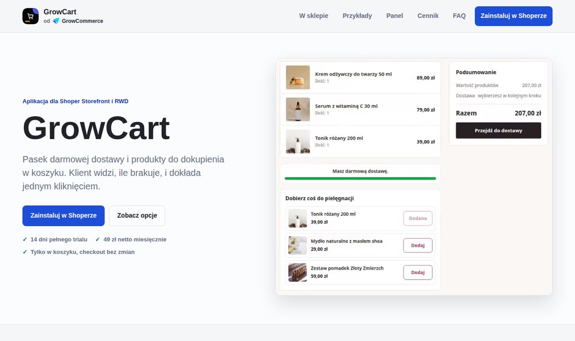 GrowCart: pasek darmowej dostawy i cross-sell w koszyku Shoper