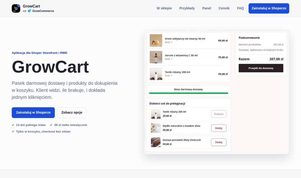 GrowCart: pasek darmowej dostawy i produkty do dokupienia w koszyku Shoper