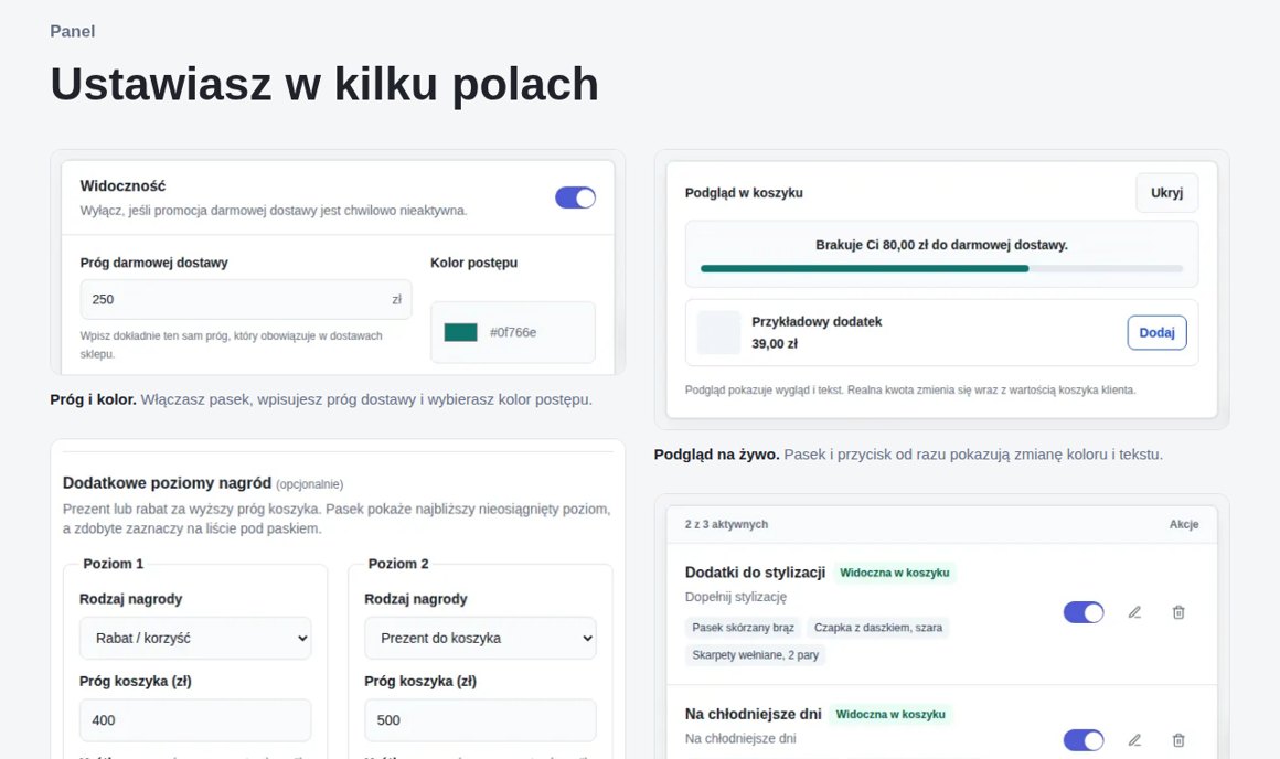 GrowCart: panel ustawień progu, poziomów nagród, tekstów i ofert