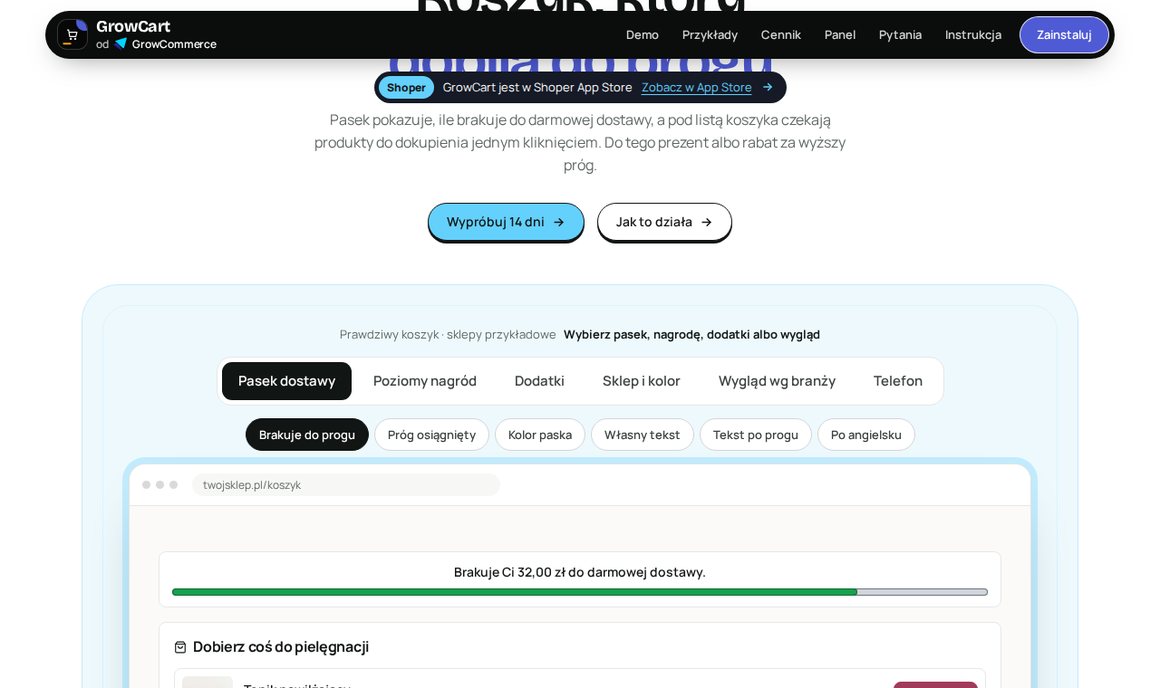 GrowCart: pasek w koszyku Shoper pokazujący, ile brakuje do darmowej dostawy