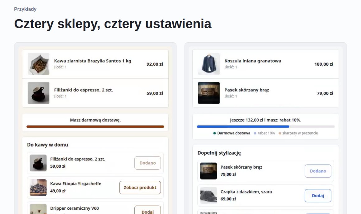 GrowCart: przykłady koszyków z paskiem darmowej dostawy i dodatkami