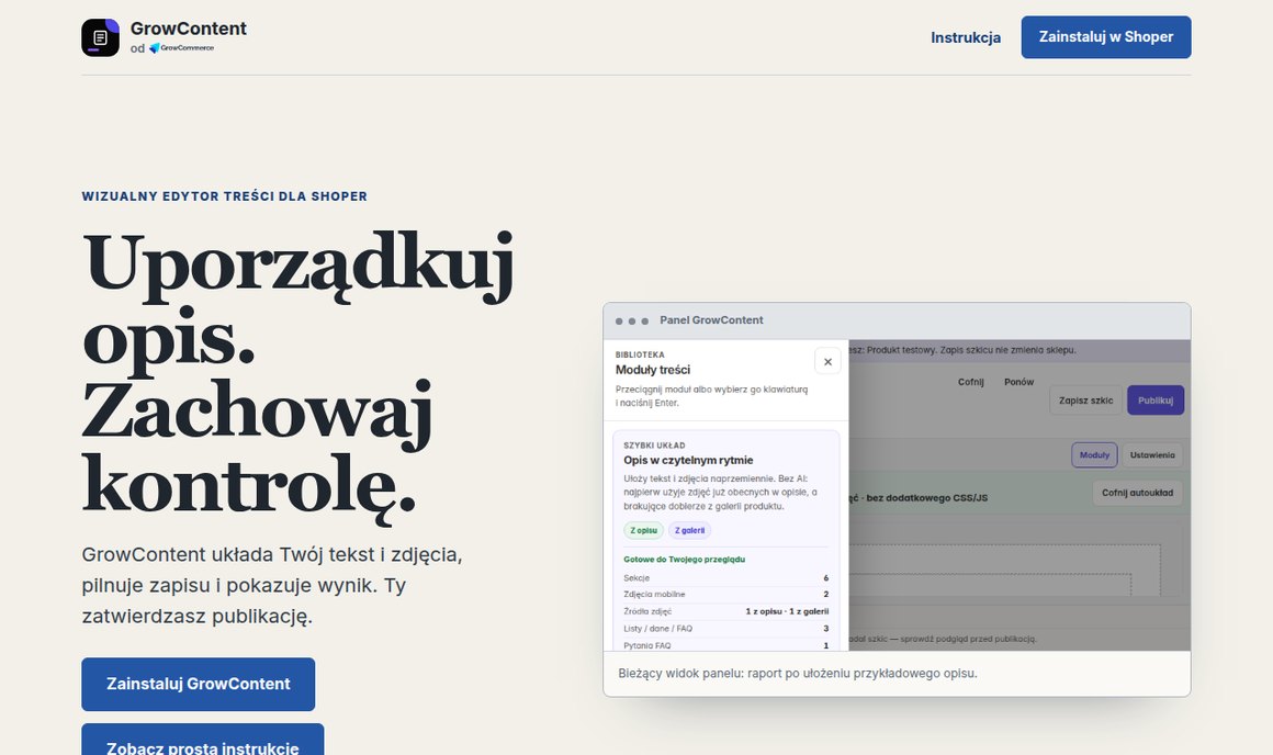 GrowContent — wizualny edytor treści produktu dla Shoper