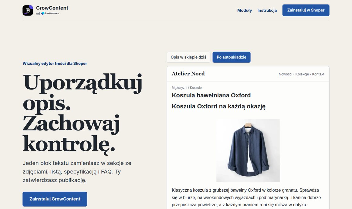 GrowContent — wizualny edytor treści dla Shoper: ten sam opis produktu przed i po autoukładzie