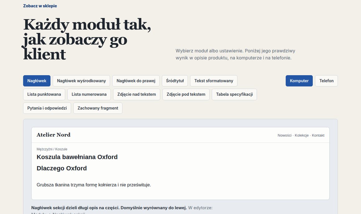 Moduły GrowContent: nagłówek, śródtytuł, tekst, listy, zdjęcia, tabela specyfikacji, pytania i odpowiedzi