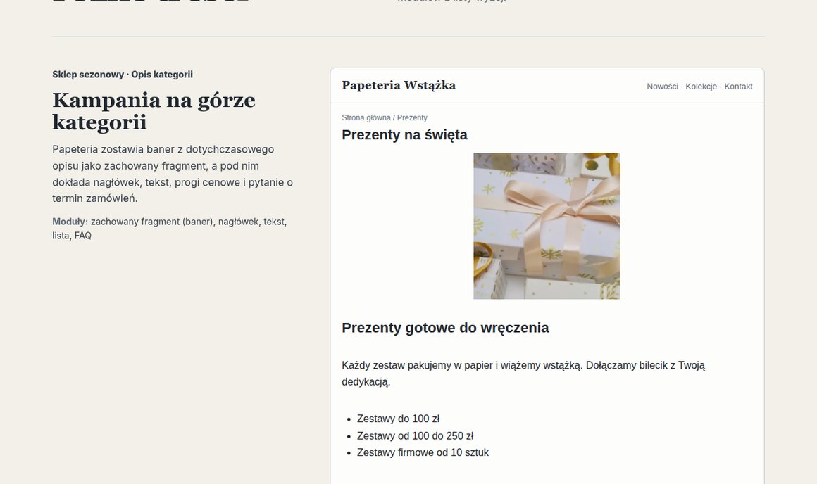 Przykład opisu kategorii Prezenty na święta ułożonego w GrowContent: baner, nagłówek, tekst, lista progów cenowych i FAQ