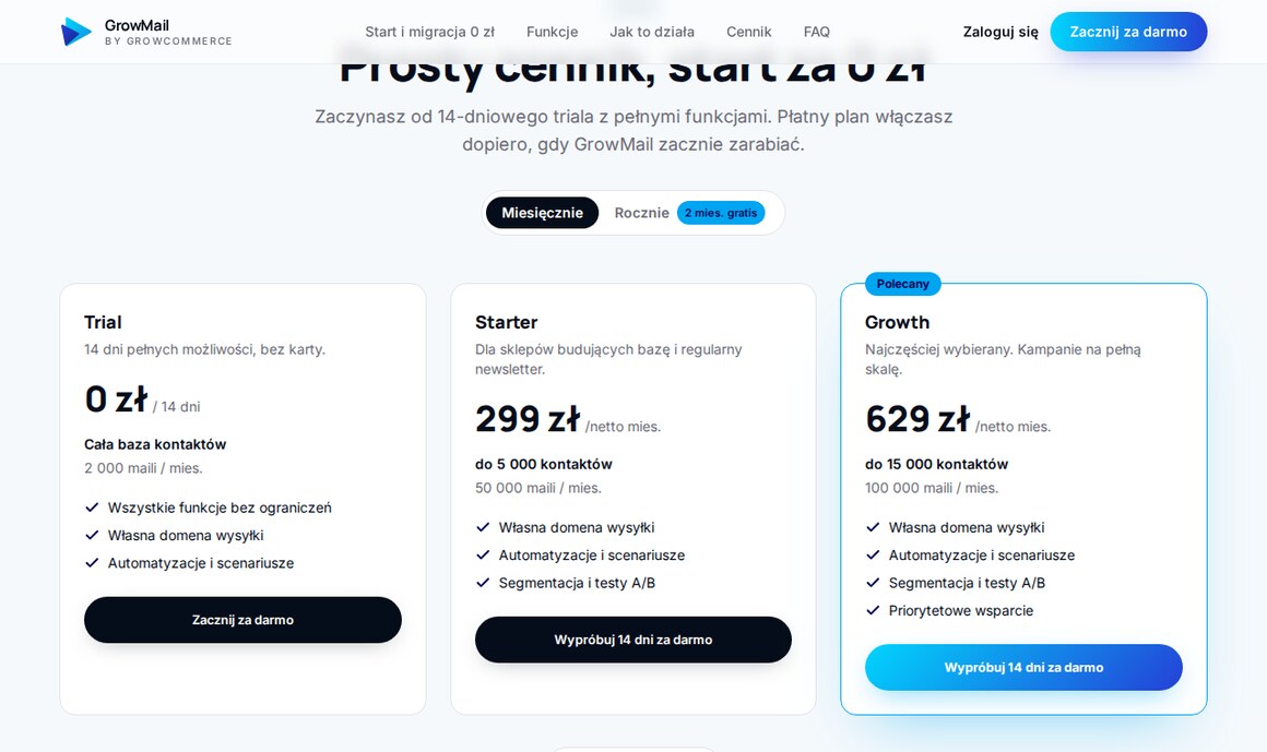 Cennik GrowMail: trial 14 dni, Starter i Growth