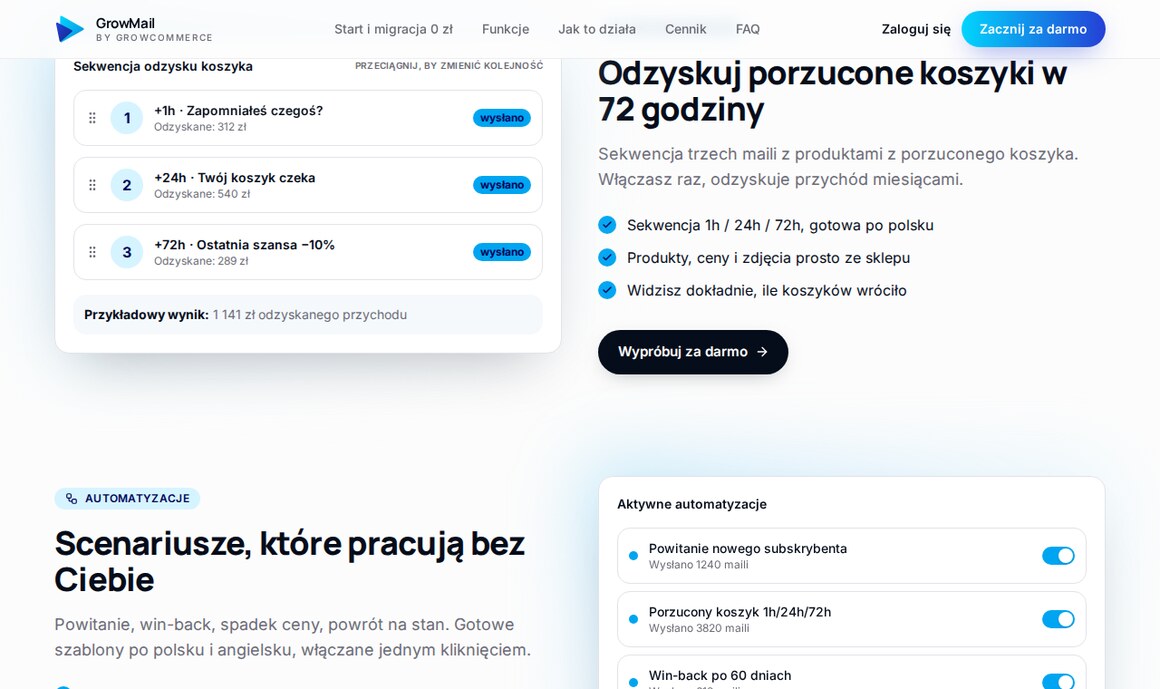 GrowMail: sekwencja odzysku porzuconego koszyka 1h, 24h i 72h