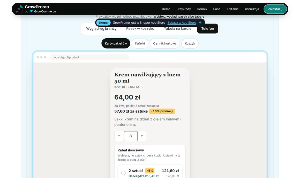 GrowPromo na telefonie: karty pakietów z ceną za sztukę i oszczędnością