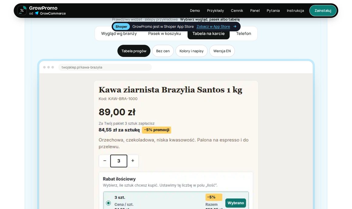 GrowPromo: tabela progów rabatu ilościowego na karcie produktu w sklepie Shoper