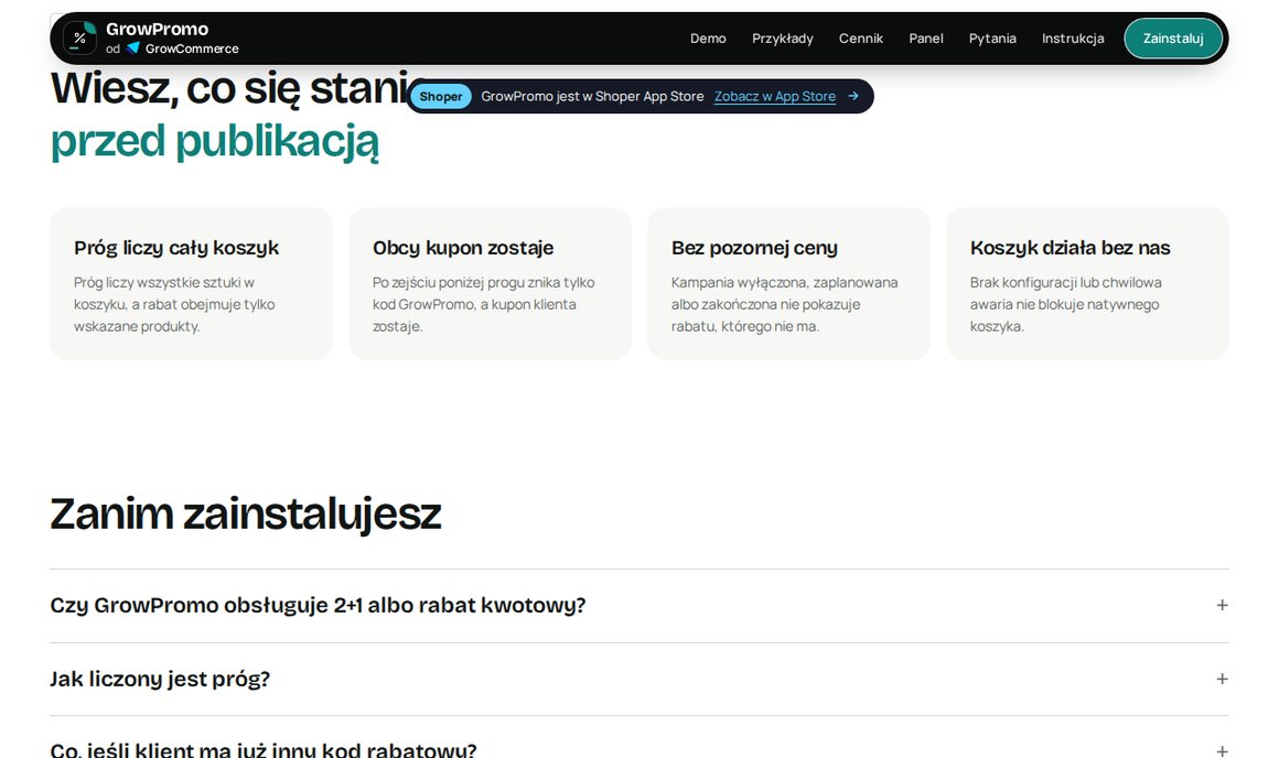 GrowPromo: zasady bezpieczeństwa promocji, próg liczy cały koszyk, obcy kupon zostaje, bez pozornej ceny