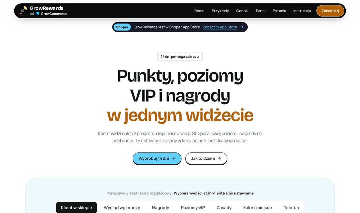 GrowRewards — punkty, poziomy VIP i nagrody w jednym widżecie dla Shoper
