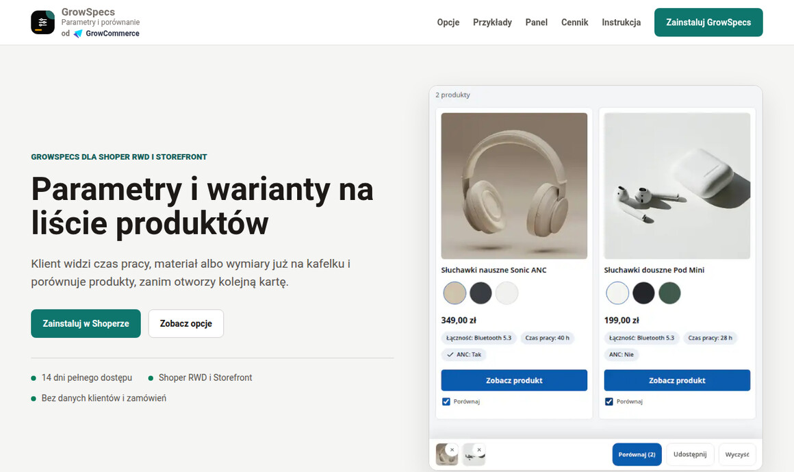 GrowSpecs: parametry i warianty na liście produktów w sklepie Shoper
