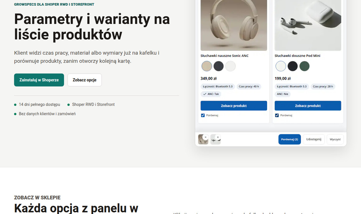 GrowSpecs: przykłady parametrów na kafelkach różnych branż