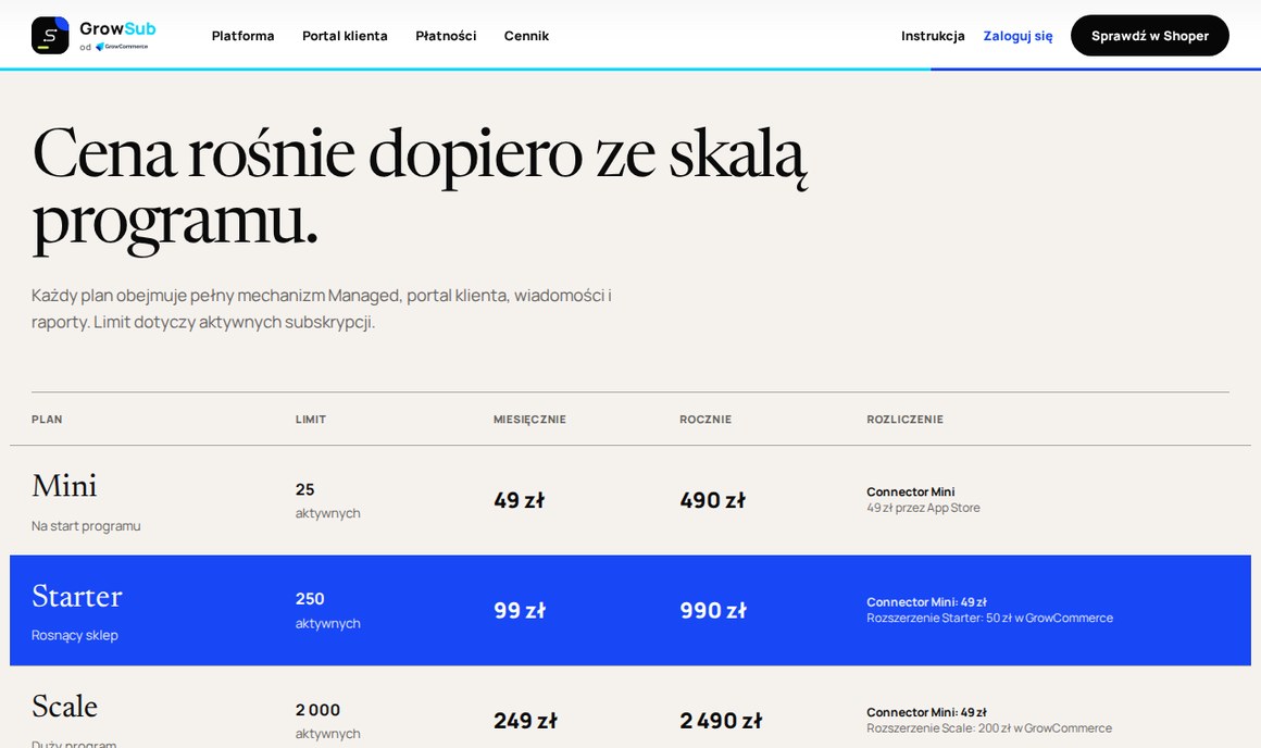 Cennik GrowSub: Mini, Starter, Scale i Enterprise według liczby aktywnych subskrypcji