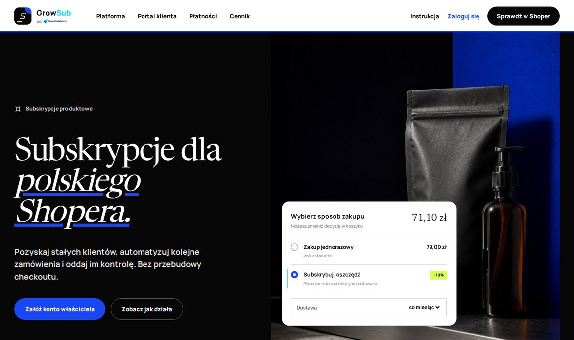 GrowSub — subskrypcje produktów dla Shoper, wybór jednorazowo albo subskrybuj i oszczędź