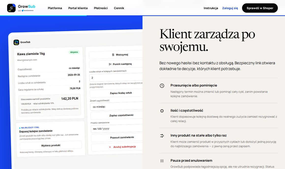 Portal klienta GrowSub: przesunięcie dostawy, zmiana ilości i częstotliwości, zamiana produktu, pauza