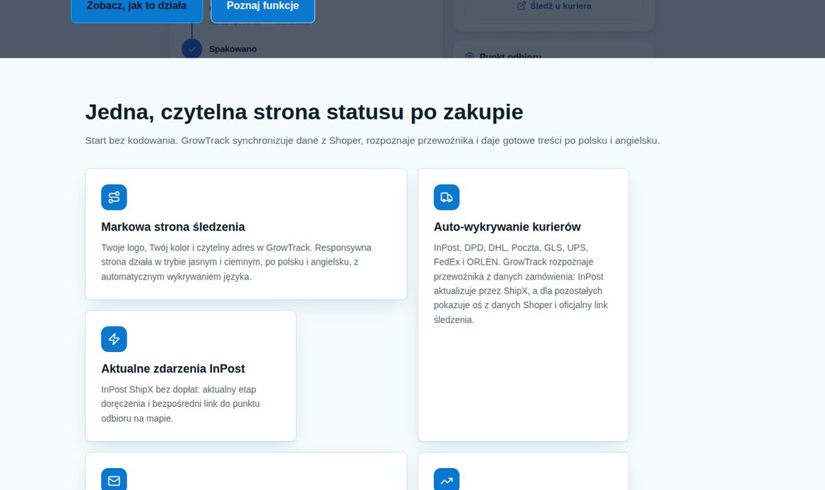 Funkcje GrowTrack: markowa strona śledzenia, auto-wykrywanie kurierów, InPost na żywo